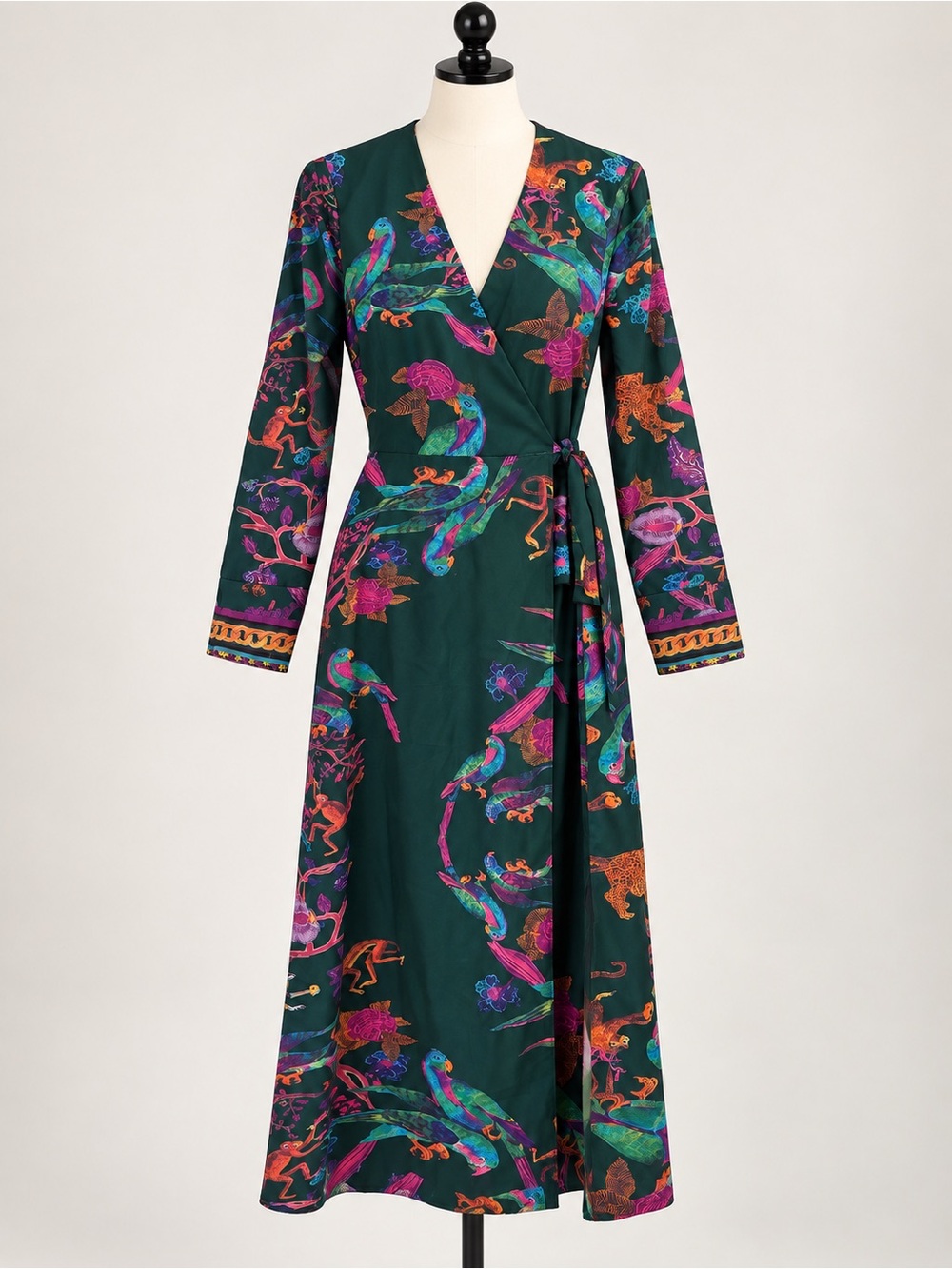 Green Tropical Jungle Print Wrap Midi Dress M